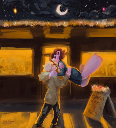 Bakugou is catching Uraraka as she floats down to the ground. They are outside a busy restaurant at night and everyone's is looking at them through the windows.